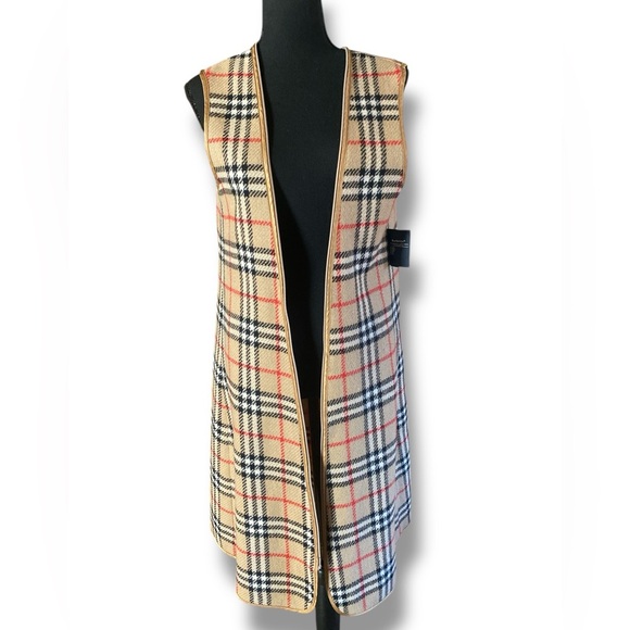 BURBERRYS’ Reversible Wool Warmer Plaid Vest Inner Gilet Tartan Open Front Liner - Picture 7 of 14